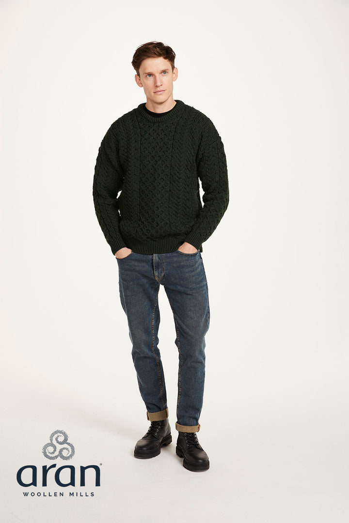 Unisex Merino Wool Aran Sweater - Dark Green