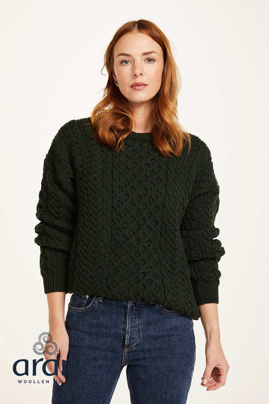 Unisex Merino Wool Aran Sweater - Dark Green