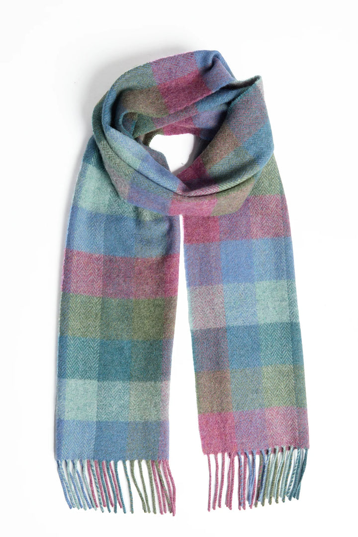 Foxford Damask Green Turquoise Check Lambswool Scarf