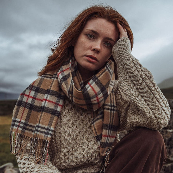 Merino Luxury Wool Scarf Classic Camel Tartan