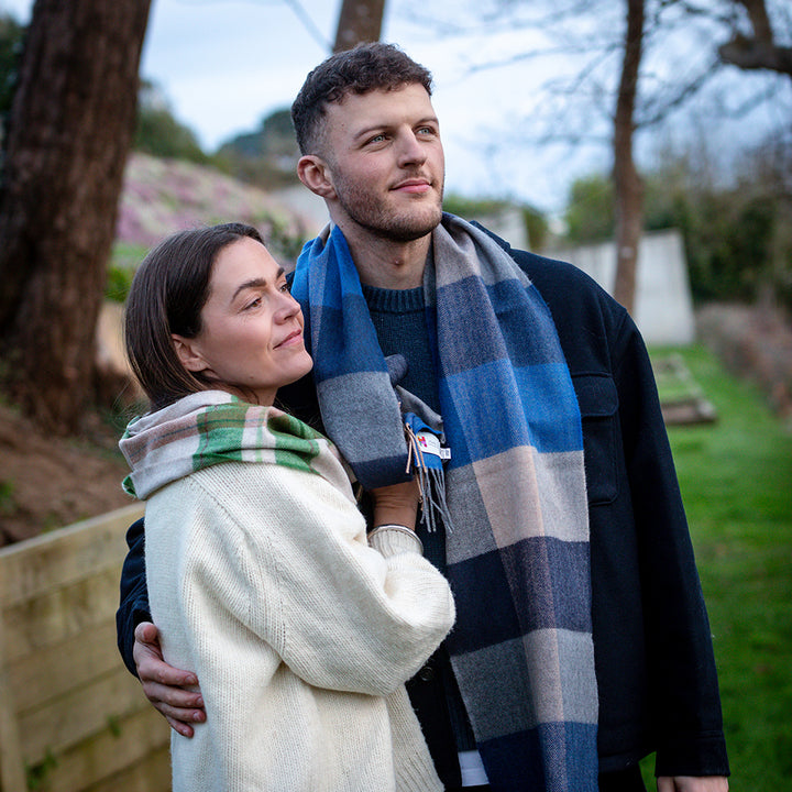 Merino Luxury Wool Scarf Blue Navy Sand Black Check