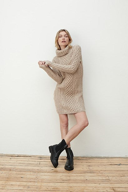 Merino Wool Cable Knit Cowl Sweater Dress