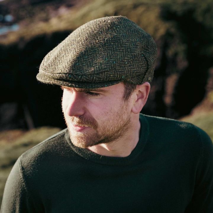 John Hanly Irish Tweed Cap Moss Green Donegal Herringbone