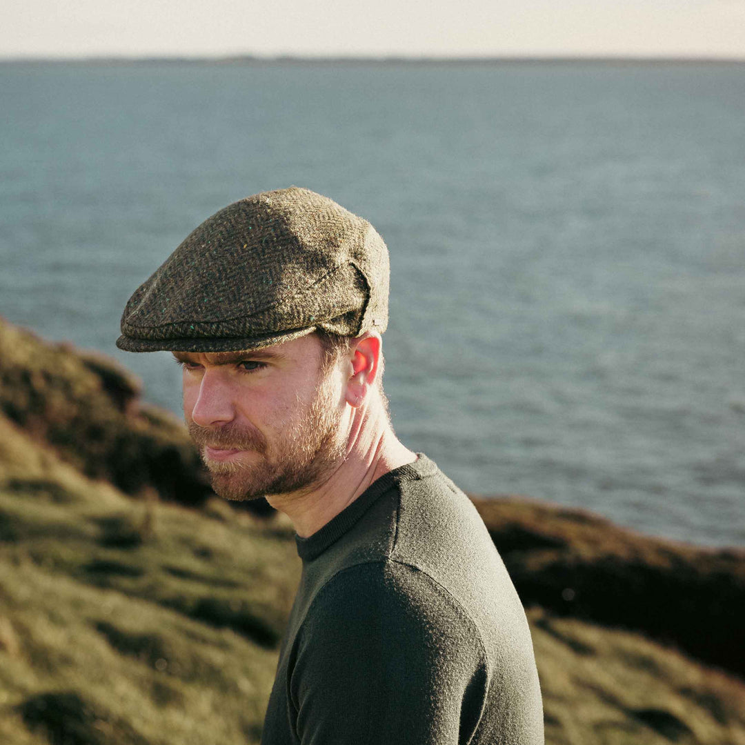 John Hanly Irish Tweed Cap Moss Green Donegal Herringbone