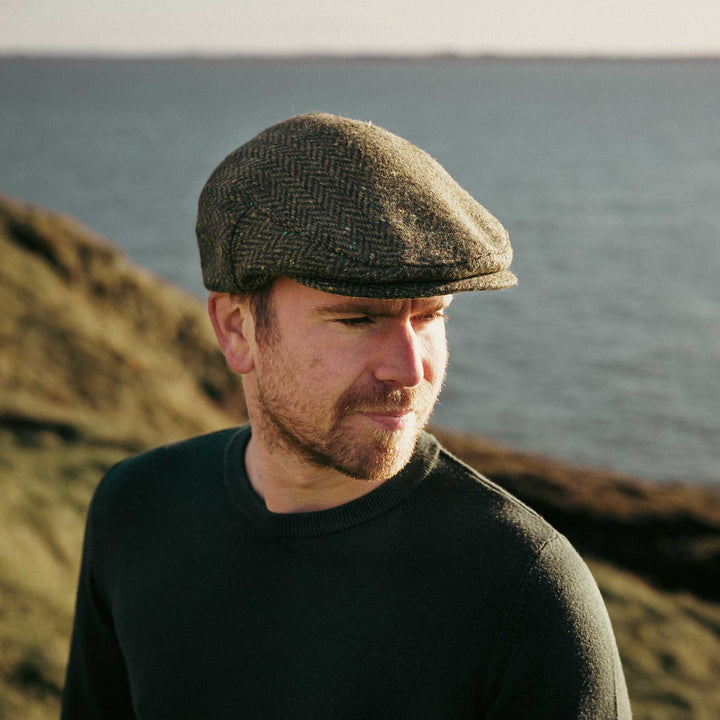 John Hanly Irish Tweed Cap Moss Green Donegal Herringbone