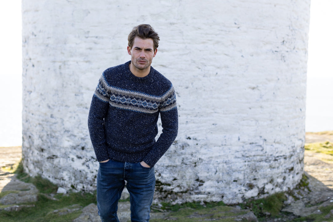 Crew Neck Raglan Sweater with Fairisle Pattern - Navy Slate