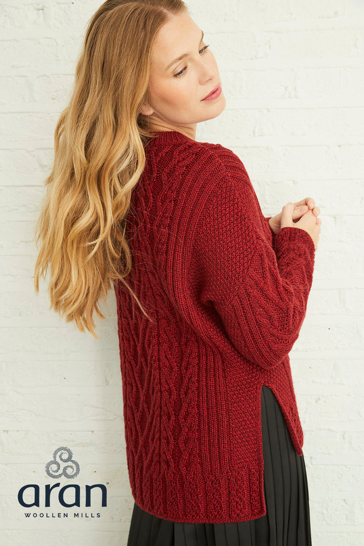Aran Vented Box Sweater with Trellis – Red