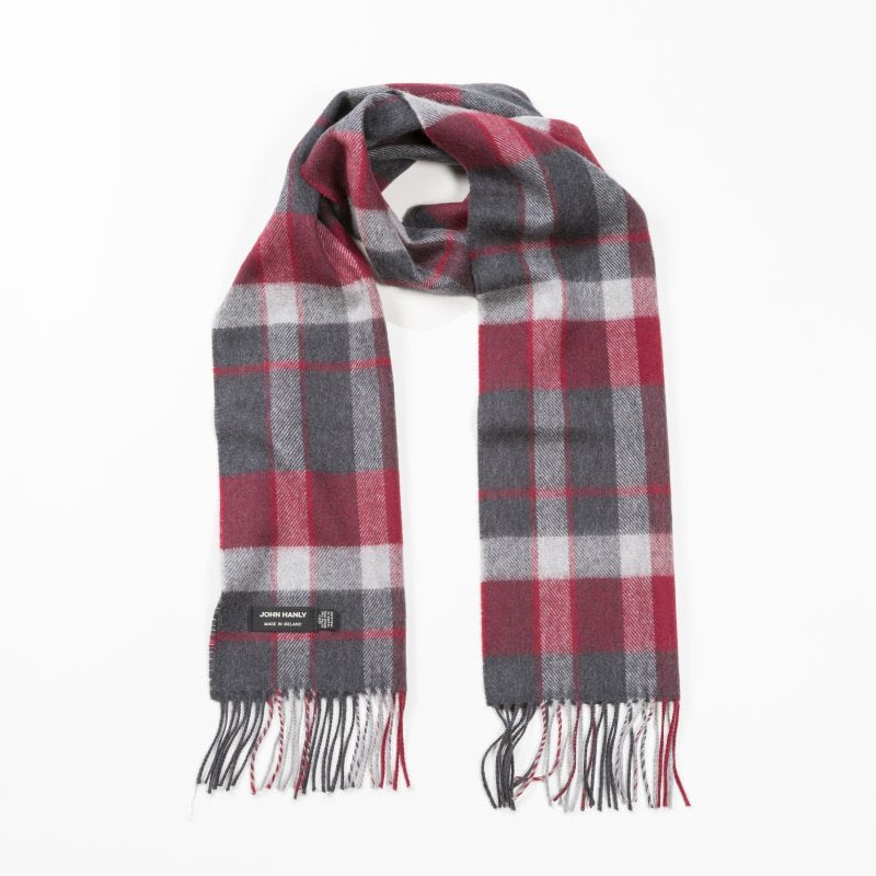 Merino  Wool Scarf Charcoal Silver Red Check