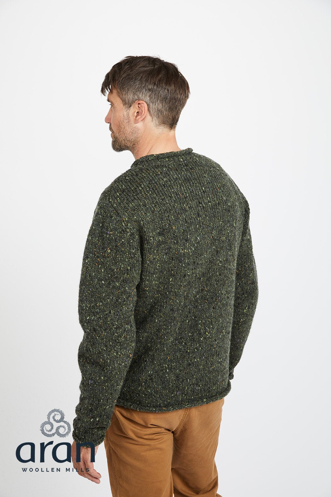 Aran Donegal Tweed Green Rolled  Neck Sweater