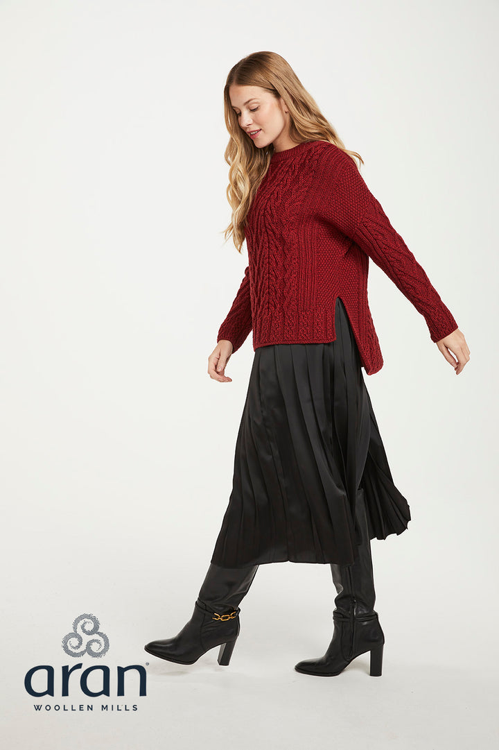 Aran Vented Box Sweater with Trellis – Red